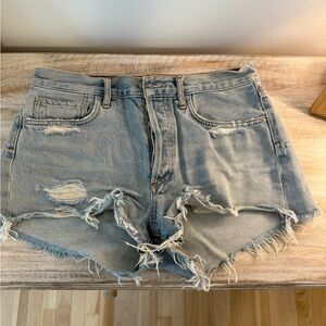 Agolde Blue Distressed Jean Shorts with Frayed Hem
